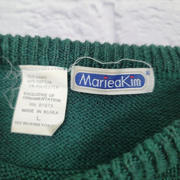 Vintage Mariea Kim sz Large Green Knit Sweater Beaded Embellished Flowers Korea - Picture 9 of 16
